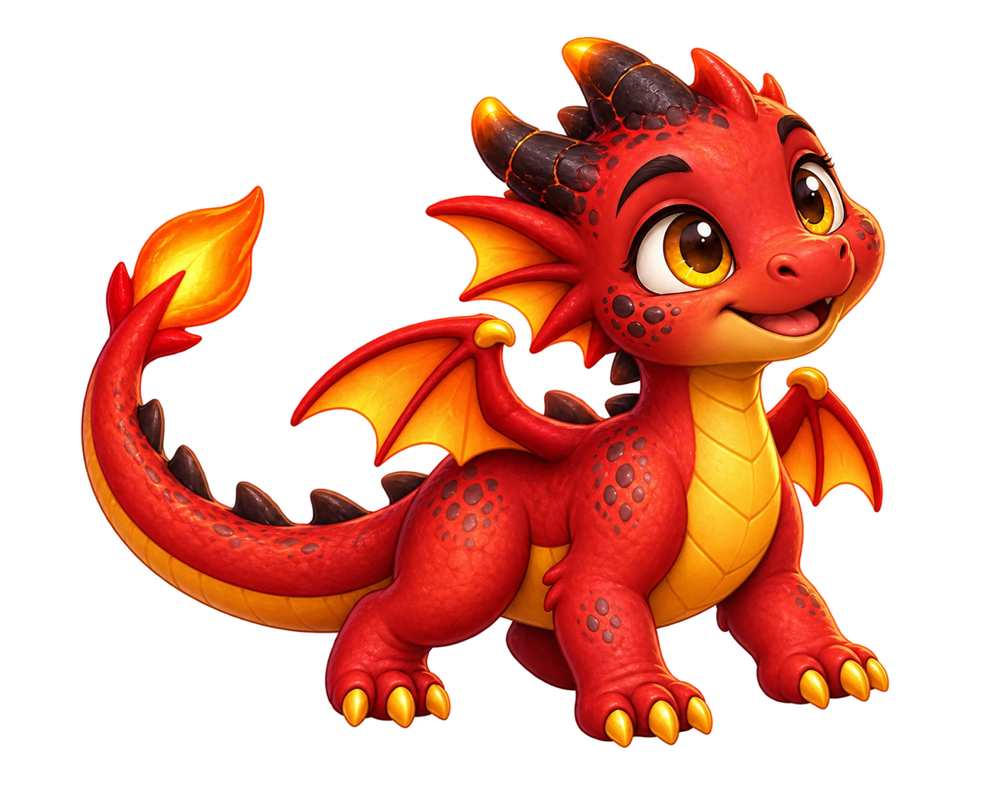 A red baby dragon with fiery orange wings